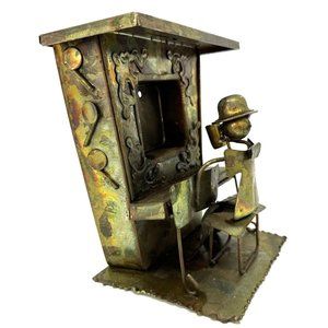 Windup Music Box Art Metal Man at Piano Handmade Missing Music Box